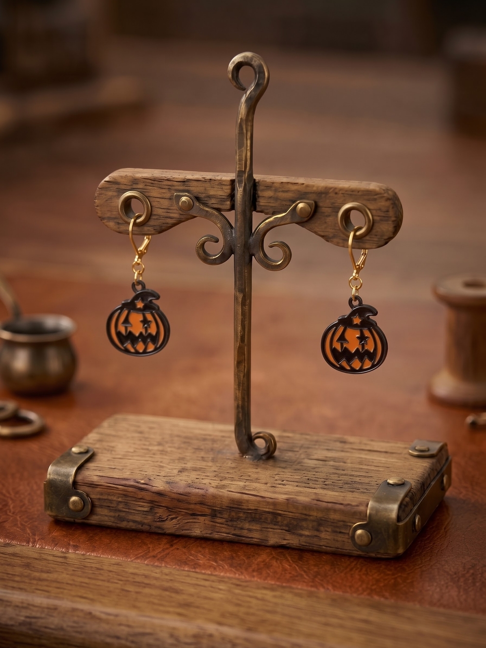 Enamel Jack-O'-Lantern Latch Hook Dangle Earrings